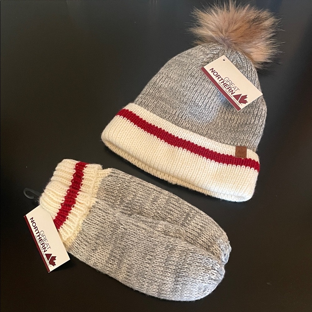 Adult - Great Northern - Grey/ White Toque & Mittens with Red Stripe